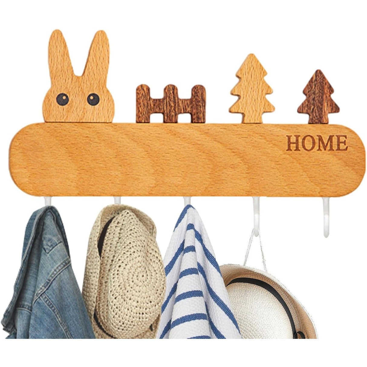 Suport Pentru Chei, Din Lemn, Aplicare Fara Perforare, Adeziv Inclus, 5 Carlige Albe, Model Iepure, Greutate Suportata 5 Kg, 13.5 X 22 Cm, Maro - vivimall.ro