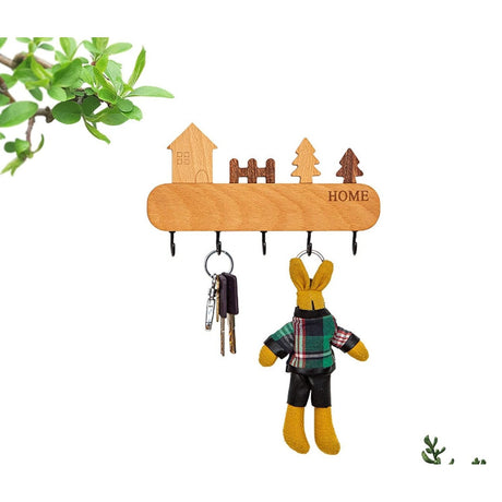 Suport pentru Chei, Vivimall, din Lemn, Aplicare fara Perforare, Adeziv Inclus, 5 Carlige Negre, Model Casuta, Greutate Suportata 5 kg, 13.5 x 23 cm, Maro - vivimall.ro