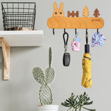 Suport pentru Chei, Vivimall, din Lemn, Aplicare fara Perforare, Adeziv Inclus, 5 Carlige Negre, Model Iepure, Greutate Suportata 5 kg, 13.5 x 22 cm, Maro - vivimall.ro