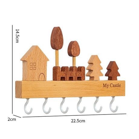 Suport pentru Chei, Vivimall, din Lemn, Aplicare fara Perforare, Adeziv Inclus, 6 Carlige Albe, Model Casuta, Greutate Suportata 5 kg, 14.5 x 2 x 22.5 cm, Maro - vivimall.ro