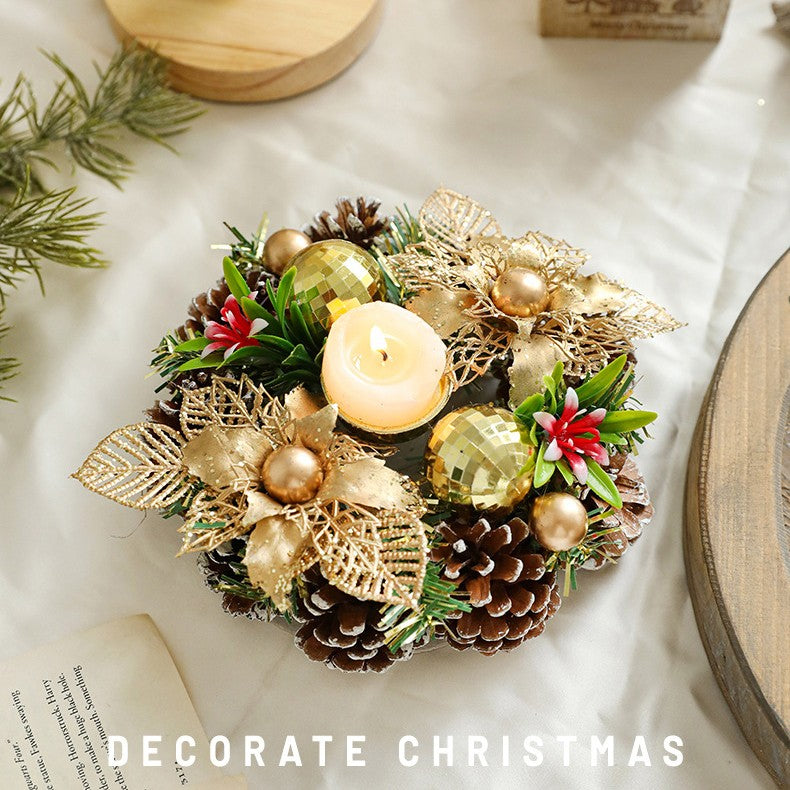 Suport pentru Lumanare de Craciun, Flippy, Model Cupa cu 2 Globutele Aurii si 2 Flori cu Conuri, Sfesnic de Tip Ghirlanda, Decoratiune pe Masa de Craciun, 17.5 x 17.5 x 7 cm, Auriu - vivimall.ro