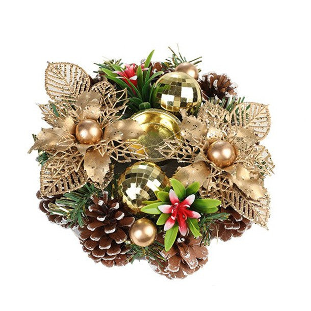 Suport pentru Lumanare de Craciun, Flippy, Model Cupa cu 2 Globutele Aurii si 2 Flori cu Conuri, Sfesnic de Tip Ghirlanda, Decoratiune pe Masa de Craciun, 17.5 x 17.5 x 7 cm, Auriu - vivimall.ro