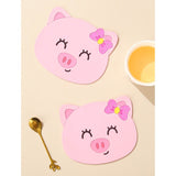 Suport pentru Pahar, Vivimall, Model Urs Purcelus, din PVC, 15.5x15.5 cm, Rezistent la Caldura, Roz - vivimall.ro