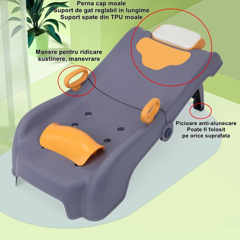 Suport Pliabil pentru Spalat Parul Vivimall, Pentru Copii, 0 - 16 ani, cu Picioare Antialunecare, Material Polipropilena, Suport Cap Reglabil, cu Manere, 82 x 40 x 28 cm, Bleumarin - vivimall.ro