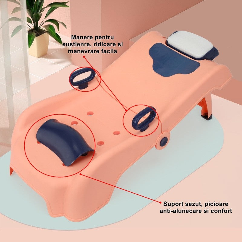 Suport Pliabil pentru Spalat Parul Vivimall, Pentru Copii, 0 - 16 ani, cu Picioare Antialunecare, Material Polipropilena, Suport Cap Reglabil, cu Manere, 82 x 40 x 28 cm, Roz pal - vivimall.ro