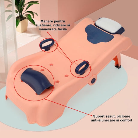 Suport Pliabil pentru Spalat Parul Vivimall, Pentru Copii, 0 - 16 ani, cu Picioare Antialunecare, Material Polipropilena, Suport Cap Reglabil, cu Manere, 82 x 40 x 28 cm, Roz pal - vivimall.ro