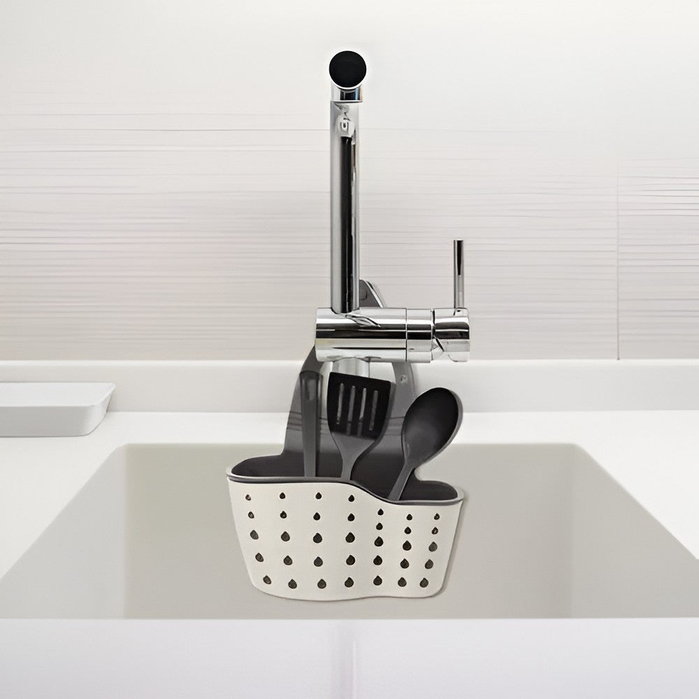 Suport Scurgere pentru Burete si Laveta de Vase Bucatarie, Vivimall, Bej, Curea Reglabila, Plastic Flexibil, 15x 5x 20cm - vivimall.ro