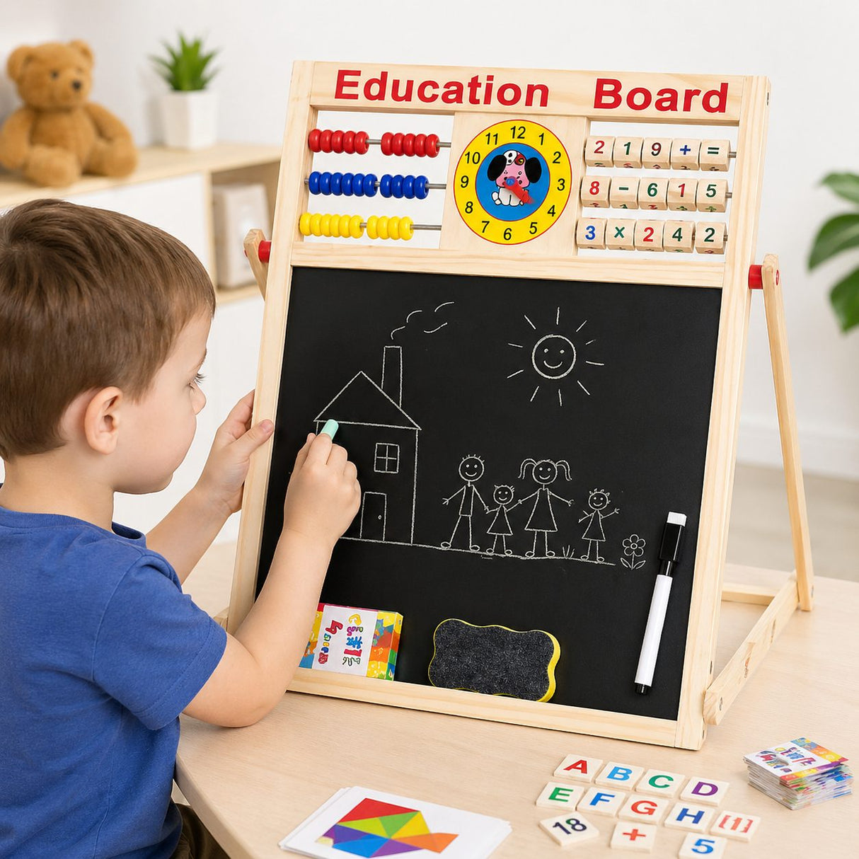 Tabla Educativa Magnetica cu Doua Fete, Flippy, Cadru din Lemn, Abac, Ceas, Litere, Cifre si Semne Matematice, Reglabila pe Inaltime, 52x36 cm - vivimall.ro