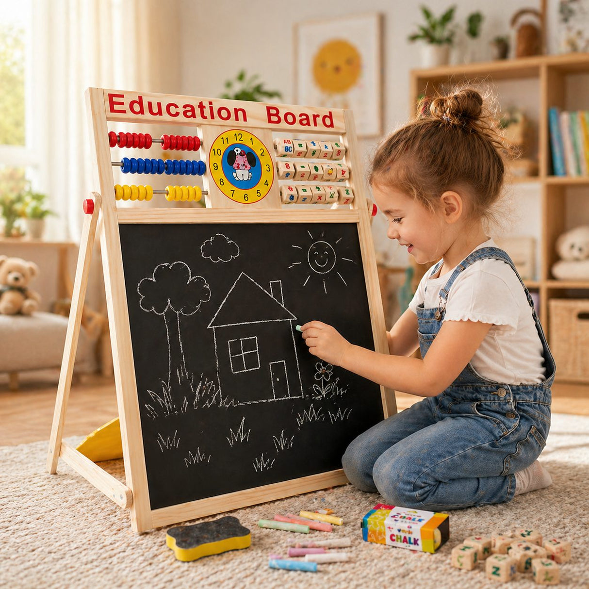 Tabla Educativa Magnetica cu Doua Fete, Flippy, Cadru din Lemn, Abac, Ceas, Litere, Cifre si Semne Matematice, Reglabila pe Inaltime, 52x36 cm - vivimall.ro