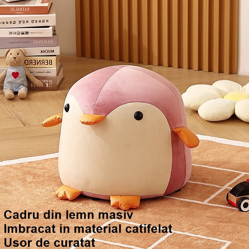 Taburet Pentru Copii, Vivimall, Cadru din Lemn Masiv, 25 x 29 x 29 cm, Perna de Burete Elastica si Maner de Transport, in Forma de Pinguin, Roz - vivimall.ro