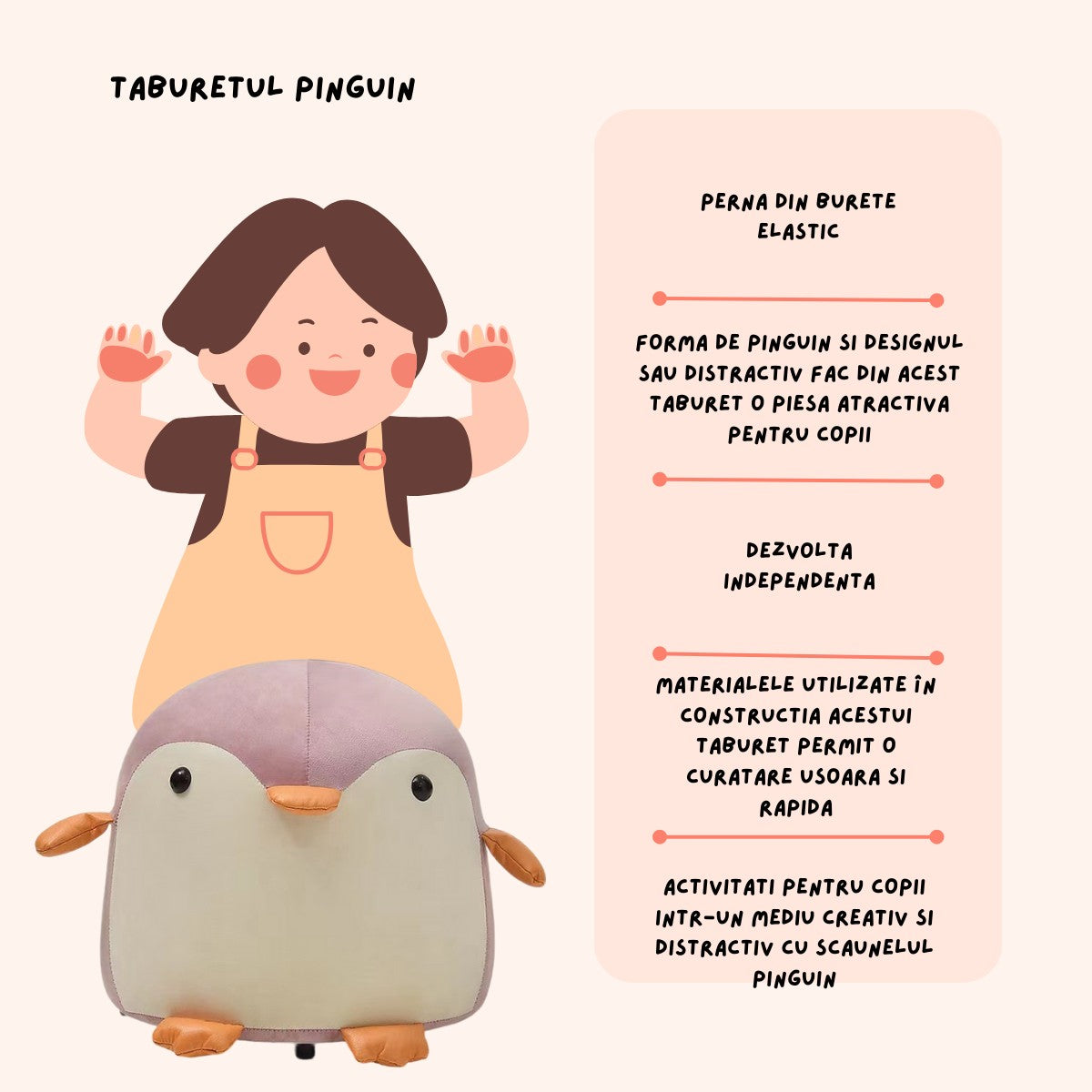 Taburet Pentru Copii, Vivimall, Cadru din Lemn Masiv, 25 x 29 x 29 cm, Perna de Burete Elastica si Maner de Transport, in Forma de Pinguin, Roz - vivimall.ro