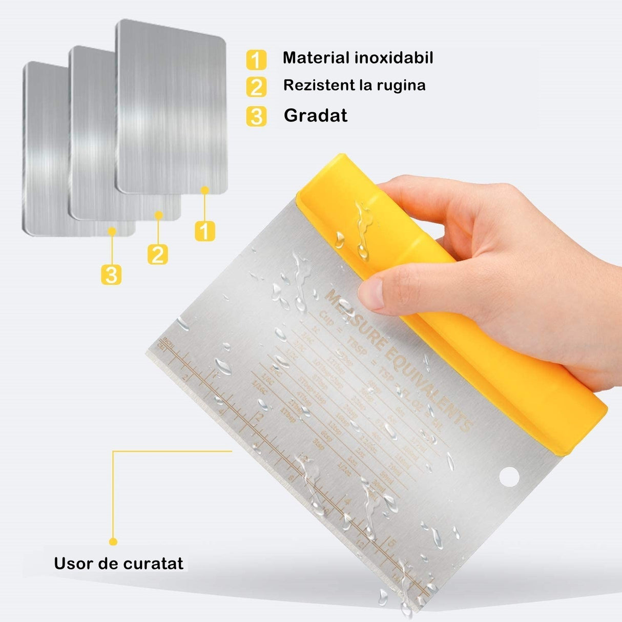 Taietor aluat 15 x 10.5 cm Vivimall, 2 in 1, lama otel inoxidabil, maner din ABS, gradat, paleta plastic, galben - vivimall.ro