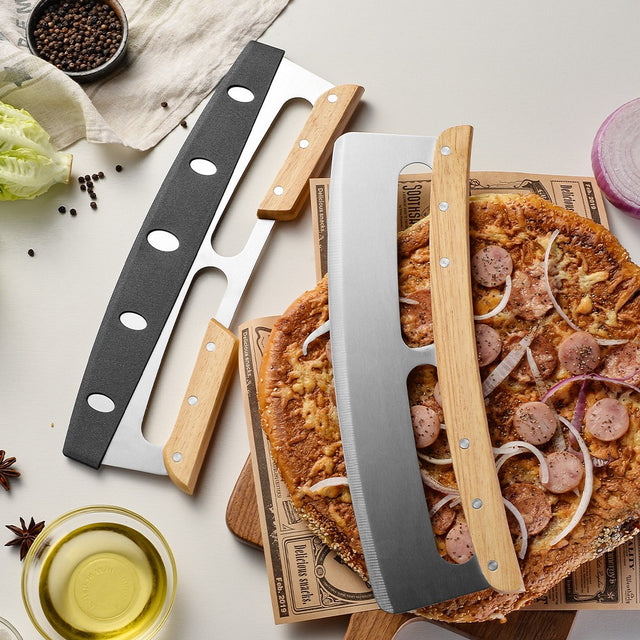 Taietor Feliator De Pizza, Din Otel Inoxidabil, Cu Capac, Maner Din Lemn, Antialunecare, Lama Neteda Si Ascutita, 34X10 Cm, Maro - vivimall.ro