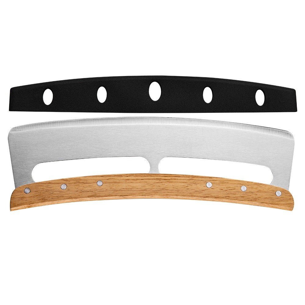 Taietor Feliator de Pizza, Vivimall, din Otel Inoxidabil, cu Capac, Maner din Lemn, Antialunecare, Lama Neteda si Ascutita, 34x10 cm, Maro - vivimall.ro