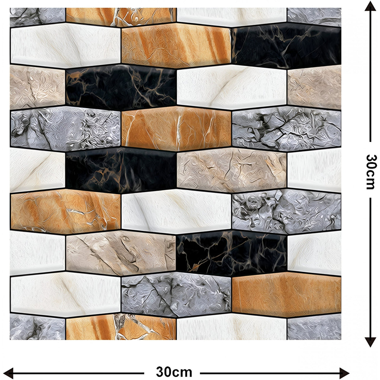 Set 10 x Placi Tapet Autocolant 3D cu Imitatie de Marmura Asimetrica,  pentru Perete Bucatarie Sufragerie, Usor de Curatat, Rezistent la Apa, Autoadeziv, 30x30 cm, Maro Gri Negru - vivimall.ro