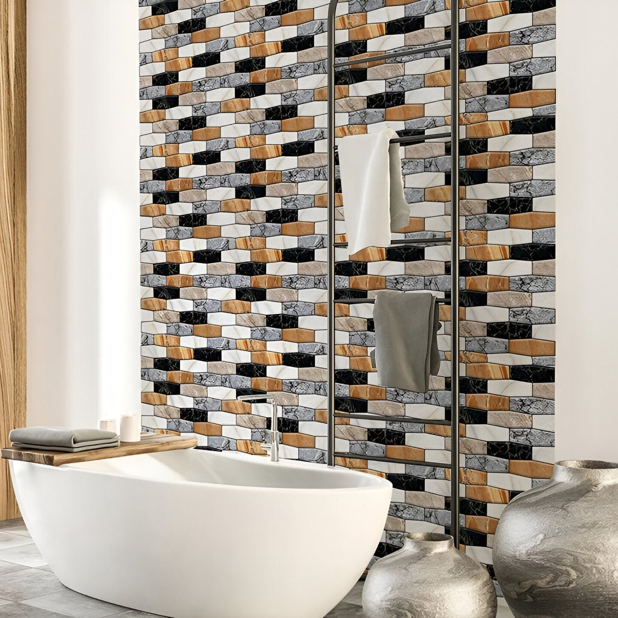 Set 10 x Placi Tapet Autocolant 3D cu Imitatie de Marmura Asimetrica,  pentru Perete Bucatarie Sufragerie, Usor de Curatat, Rezistent la Apa, Autoadeziv, 30x30 cm, Maro Gri Negru - vivimall.ro