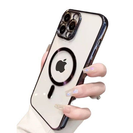 Husa MagSafe pentru Apple iPhone 13 Pro, Full Cover, Protectie camera, Margini colorate Electroplating, Magnetica, Incarcare Wireless, Flippy, Negru - vivimall.ro