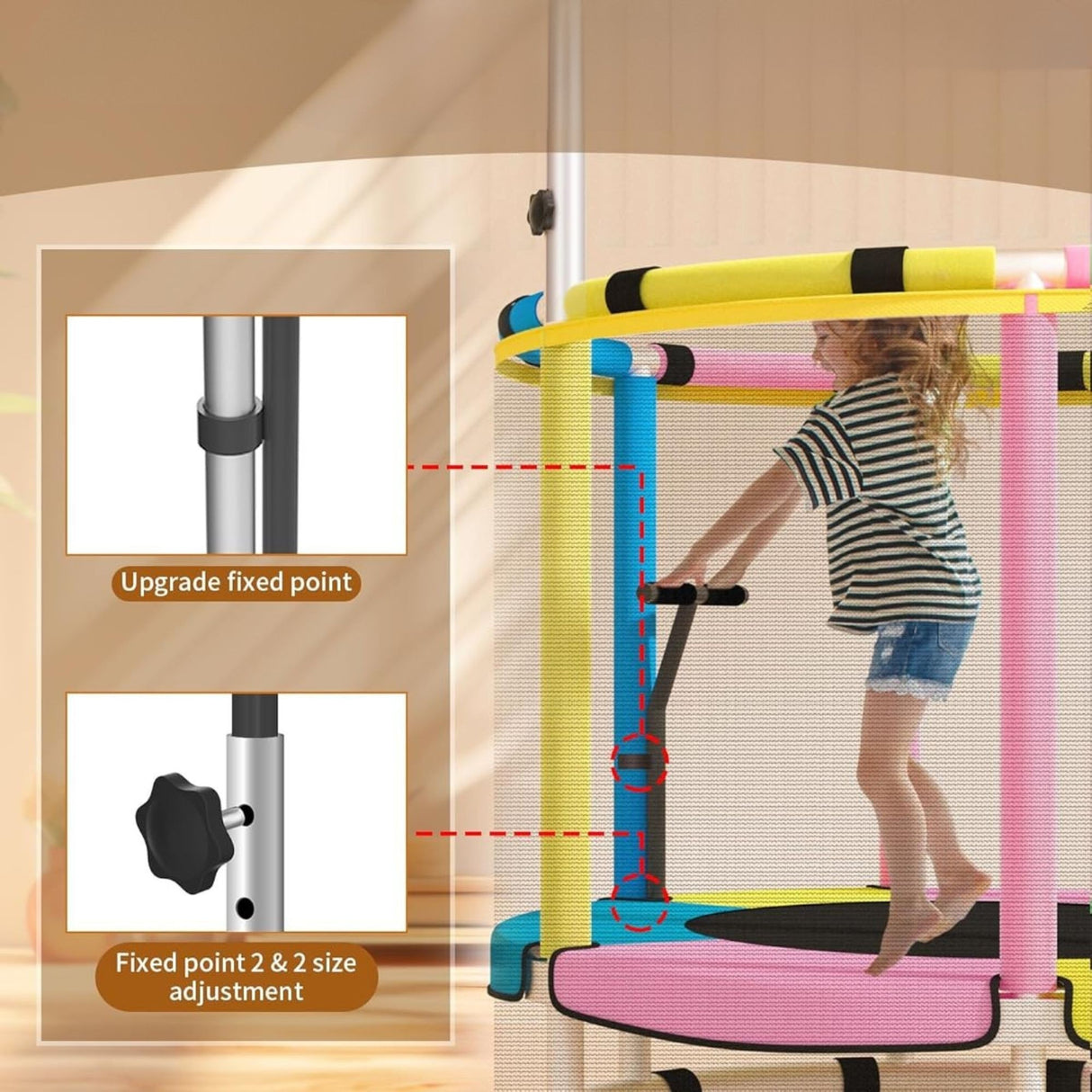 Trambulina pentru Copii, Flippy, pentru Gradina si Interior, cu Plasa de Siguranta si Fermoar, Sustinere din Otel Galvanizat, Bara de Gimnastica Reglabila, Sac de Box, Capacitate 200 kg, 140 cm, 3+ ani, Multicolor - vivimall.ro