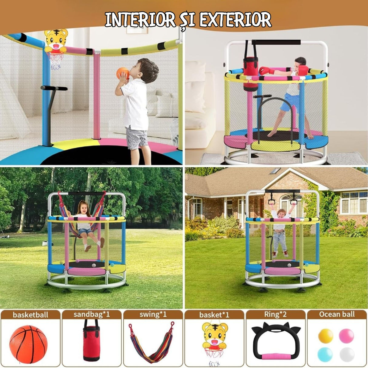 Trambulina pentru Copii, Flippy, pentru Gradina si Interior, cu Plasa de Siguranta si Fermoar, Sustinere din Otel Galvanizat, Bara de Gimnastica Reglabila, Sac de Box, Capacitate 200 kg, 140 cm, 3+ ani, Multicolor - vivimall.ro