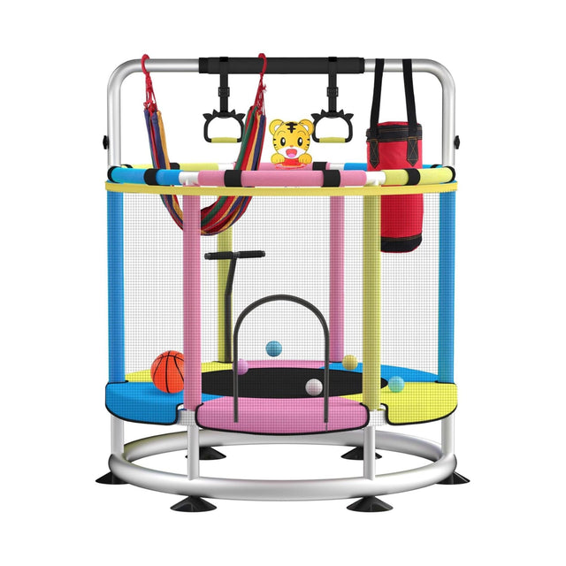 Trambulina pentru Copii, Flippy, pentru Gradina si Interior, cu Plasa de Siguranta si Fermoar, Sustinere din Otel Galvanizat, Bara de Gimnastica Reglabila, Sac de Box, Capacitate 200 kg, 140 cm, 3+ ani, Multicolor - vivimall.ro