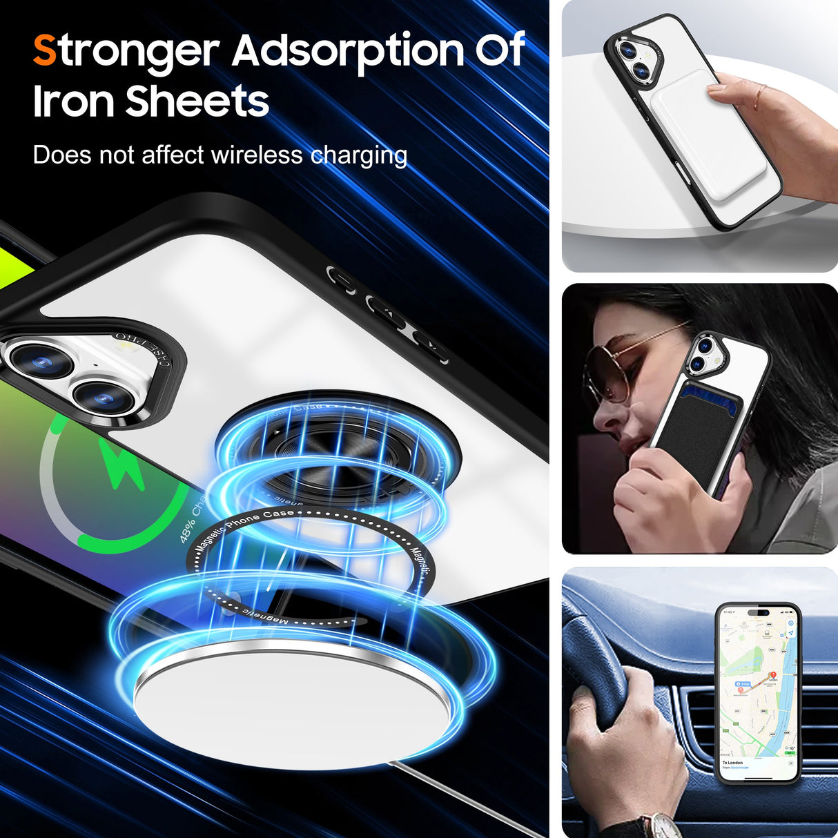 Husa de Protectie TPU, Vivimall, pentru iPhone 16, Anticadere, cu Incarcare Wireless, Tehnologie Magsafe, Inel Magnetic Rotativ cu Functie de Suport, Transparent-Negru - vivimall.ro