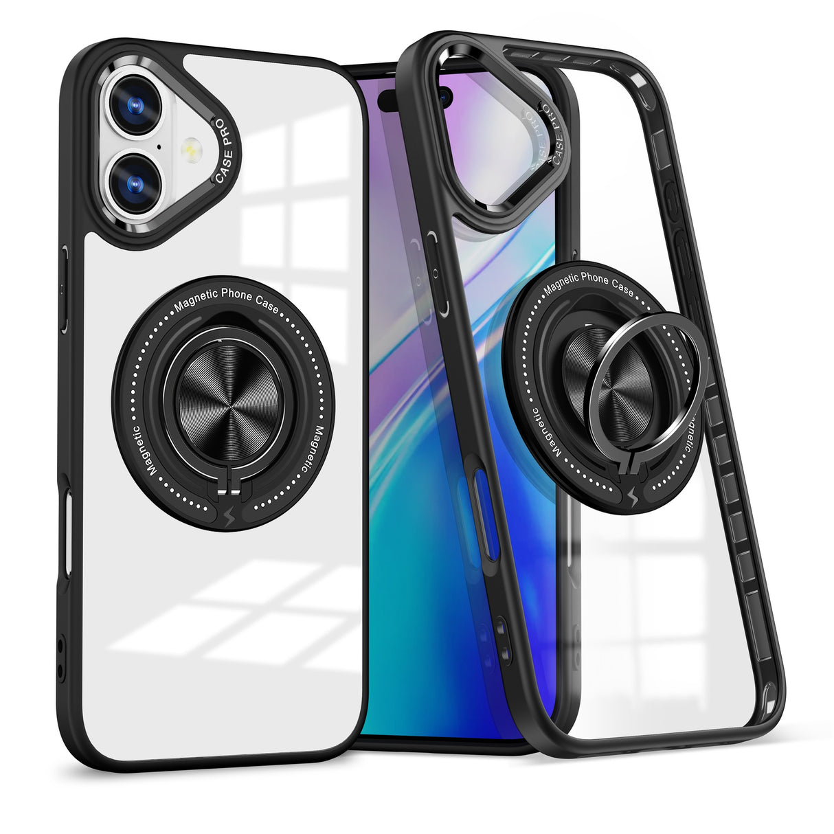 Husa de Protectie TPU, Vivimall, pentru iPhone 16, Anticadere, cu Incarcare Wireless, Tehnologie Magsafe, Inel Magnetic Rotativ cu Functie de Suport, Transparent-Negru - vivimall.ro