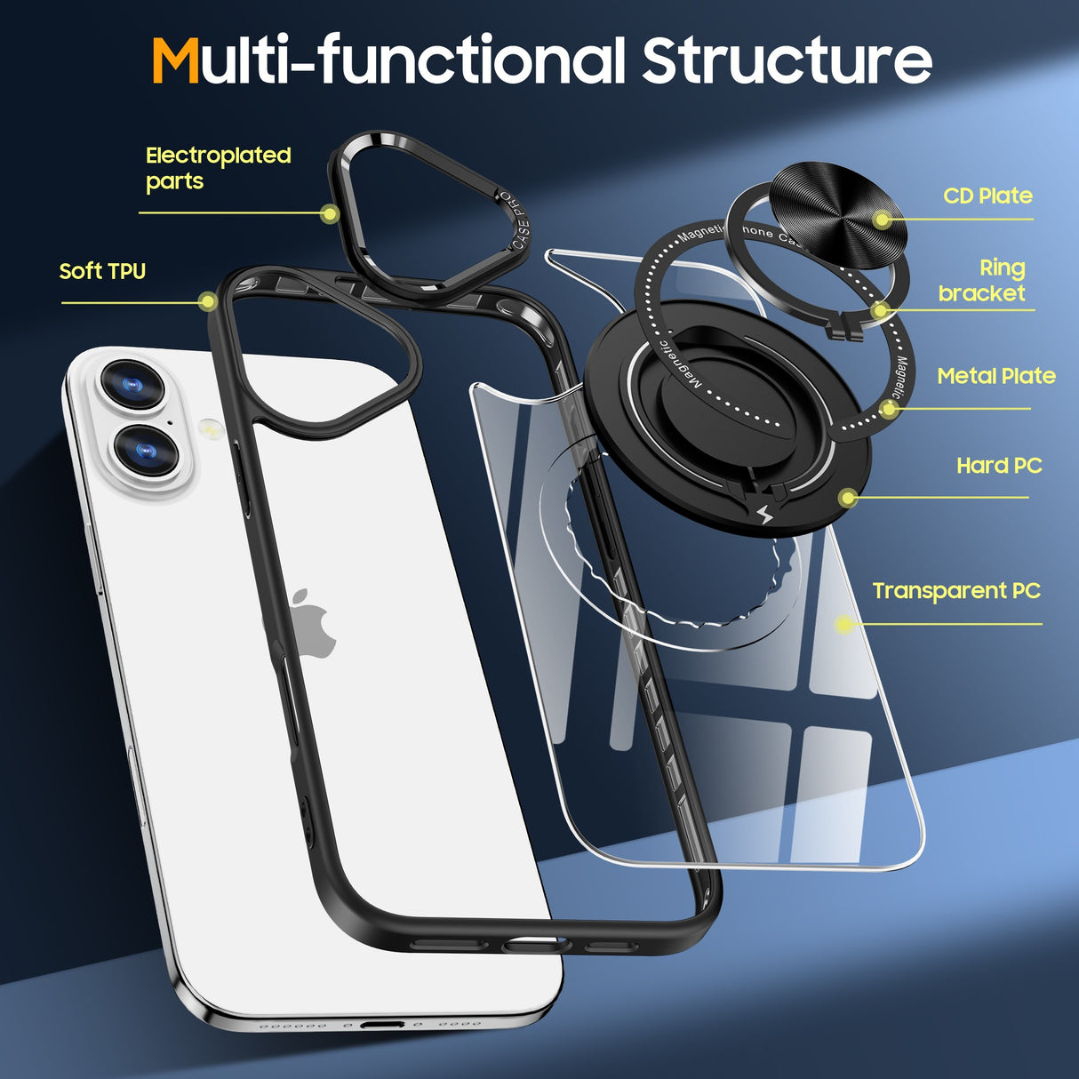 Husa de Protectie TPU, Vivimall, pentru iPhone 16 Plus, Anticadere, cu Incarcare Wireless, Tehnologie Magsafe, Inel Magnetic Rotativ cu Functie de Suport, Transparent-Negru - vivimall.ro