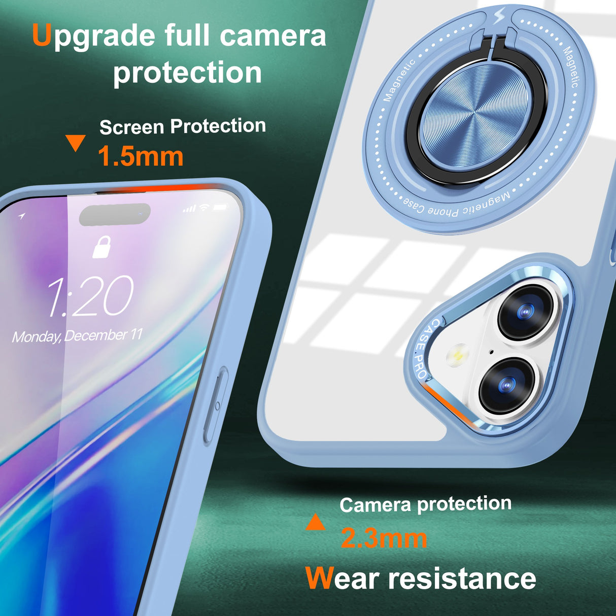 Husa de Protectie TPU, Vivimall, pentru iPhone 16, Anticadere, cu Incarcare Wireless, Tehnologie Magsafe, Inel Magnetic Rotativ cu Functie de Suport, Transparent-Albastru Deschis - vivimall.ro