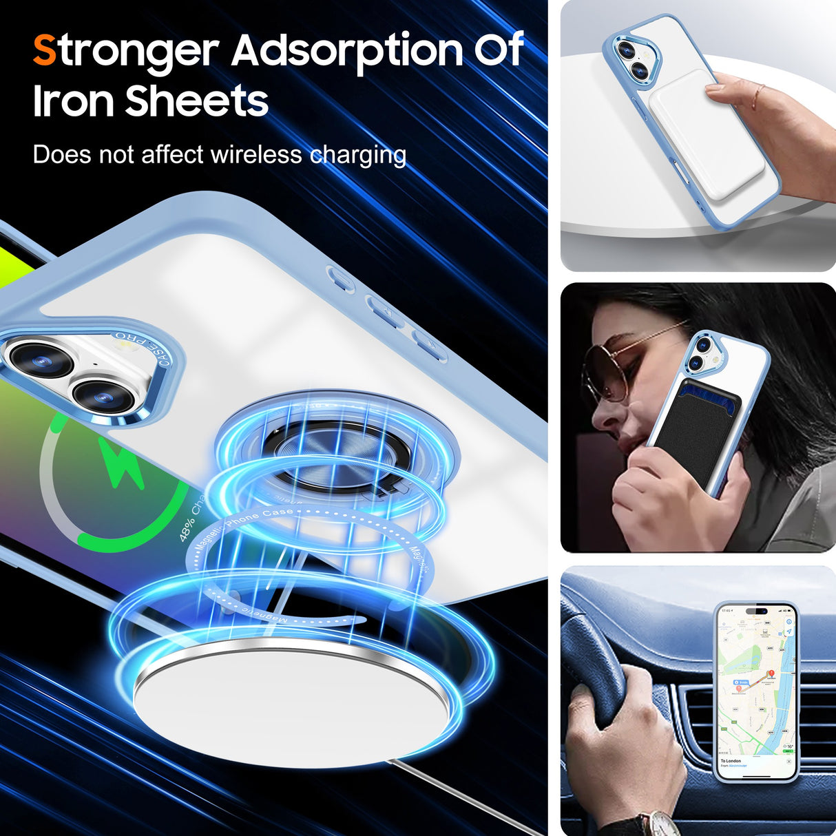 Husa de Protectie TPU, Vivimall, pentru iPhone 16 Plus, Anticadere, cu Incarcare Wireless, Tehnologie Magsafe, Inel Magnetic Rotativ cu Functie de Suport, Transparent-Albastru Deschis - vivimall.ro