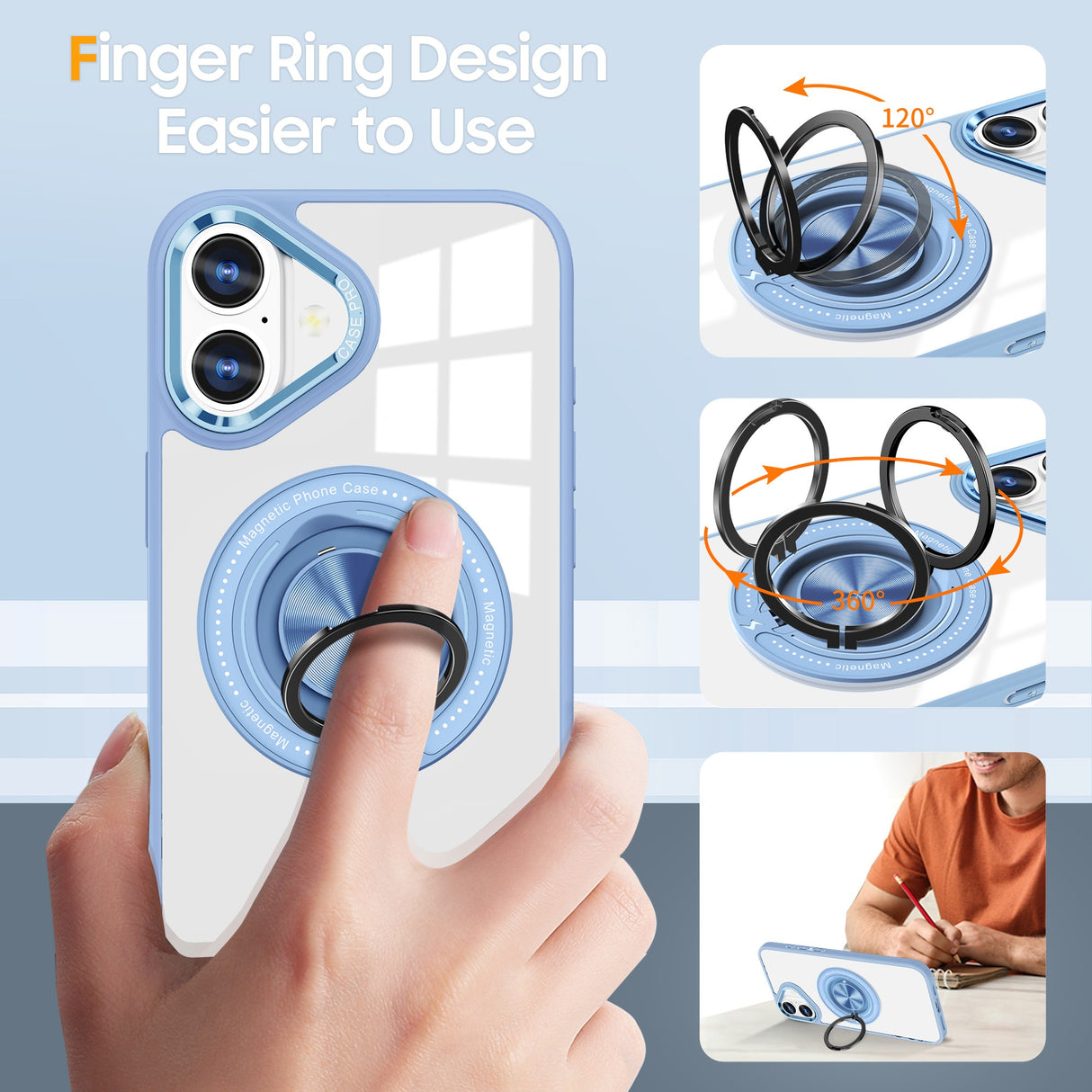 Husa de Protectie TPU, Vivimall, pentru iPhone 16 Plus, Anticadere, cu Incarcare Wireless, Tehnologie Magsafe, Inel Magnetic Rotativ cu Functie de Suport, Transparent-Albastru Deschis - vivimall.ro