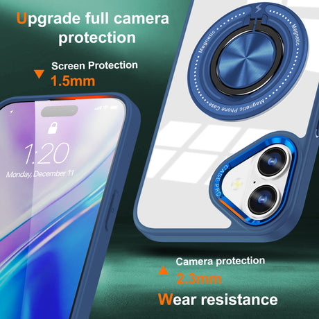 Husă iPhone 16 MagSafe cu inel rotativ 360°, detaliu inel magnetic albastru închis