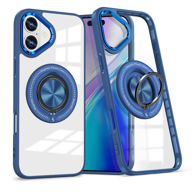 Husă iPhone 16 TPU transparentă cu inel magnetic MagSafe, vedere frontală, culoare albastru închis