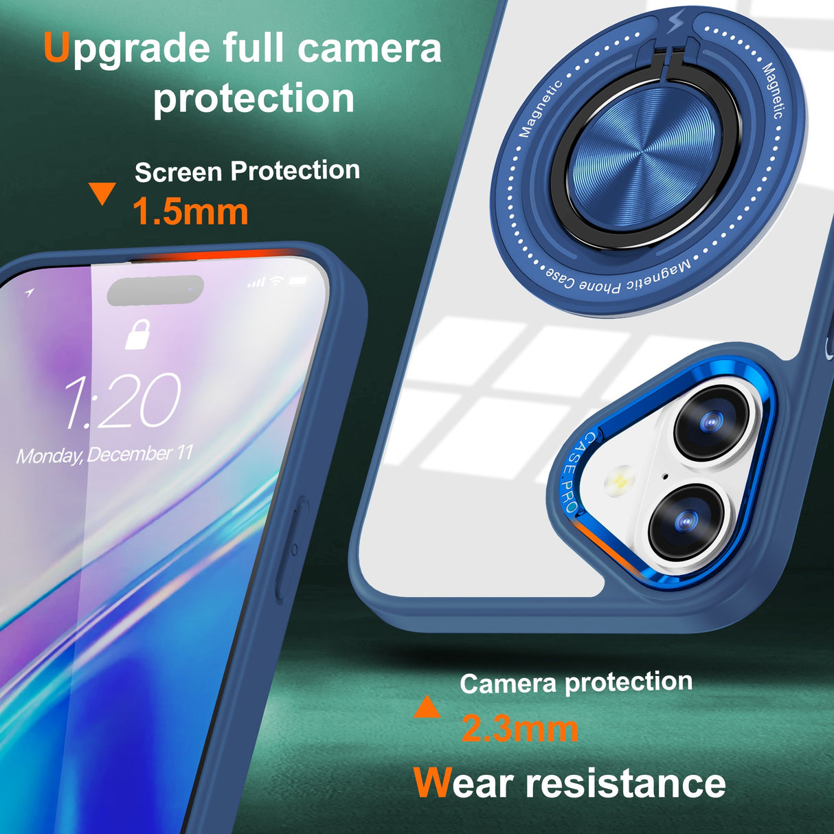Husa de Protectie TPU, Vivimall, pentru iPhone 16 Plus, cu Incarcare Wireless, Tehnologie Magsafe, Inel Magnetic Rotativ cu Functie de Suport, Transparent-Albastru Inchis - vivimall.ro