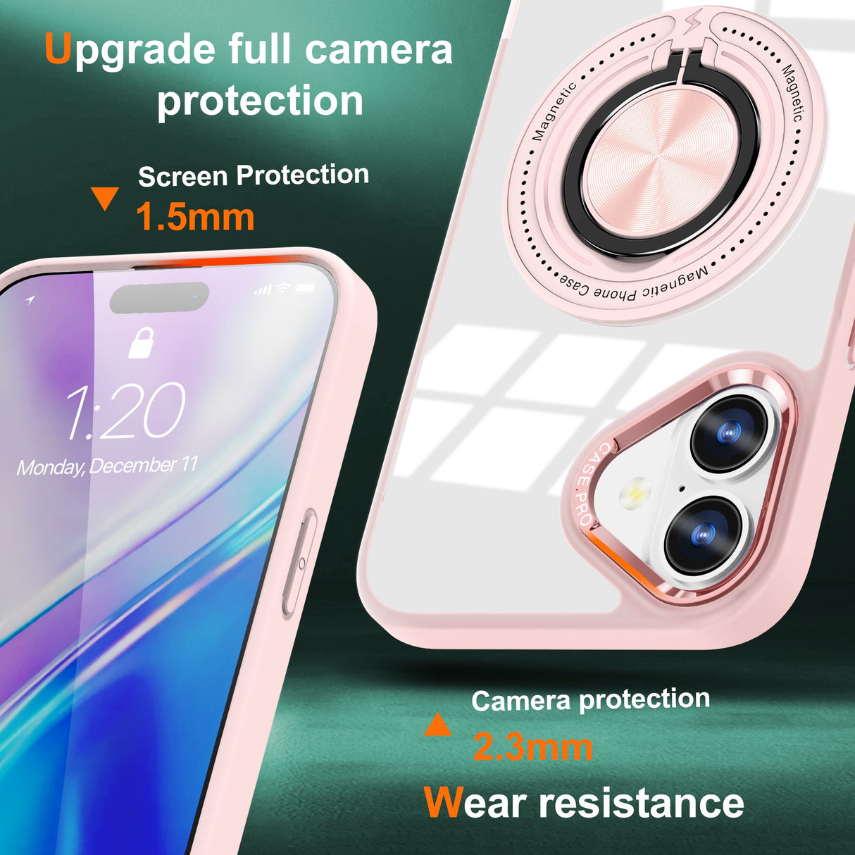 Husa de Protectie TPU, Vivimall, pentru iPhone 16, Anticadere, cu Incarcare Wireless, Tehnologie Magsafe, Inel Magnetic Rotativ cu Functie de Suport, Transparent-Roz - vivimall.ro