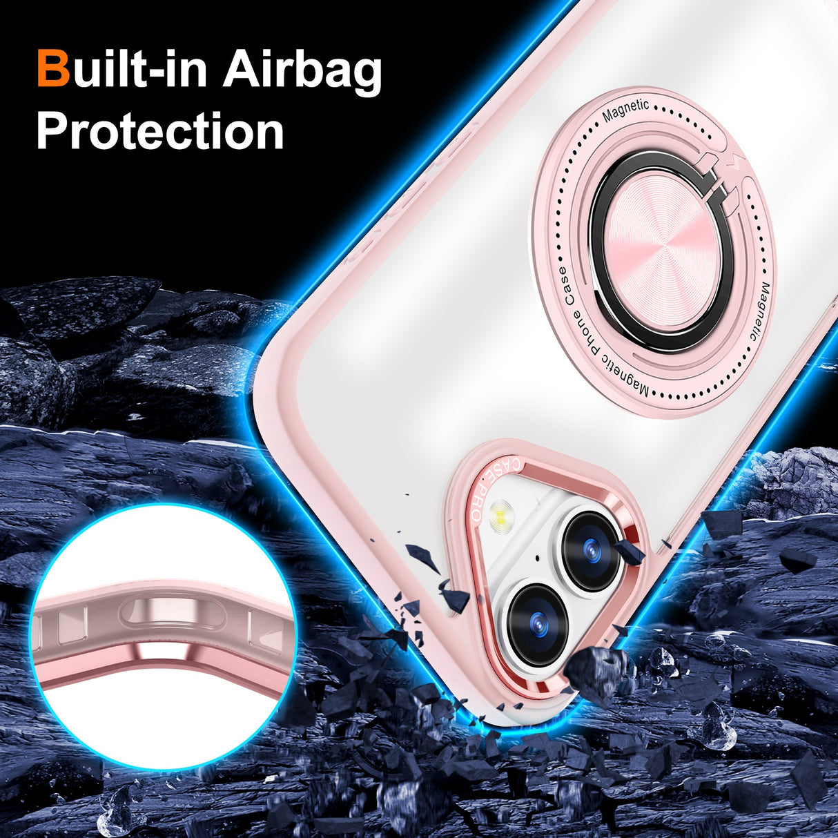 Husa de Protectie TPU, Vivimall, pentru iPhone 16 Plus, Anticadere, cu Incarcare Wireless, Tehnologie Magsafe, Inel Magnetic Rotativ cu Functie de Suport, Transparent-Roz - vivimall.ro