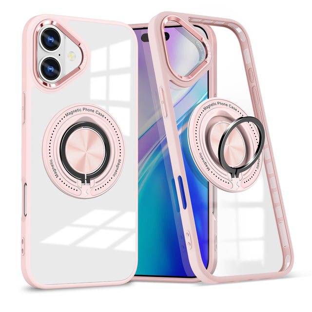Husa de Protectie TPU, Vivimall, pentru iPhone 16 Plus, Anticadere, cu Incarcare Wireless, Tehnologie Magsafe, Inel Magnetic Rotativ cu Functie de Suport, Transparent-Roz - vivimall.ro