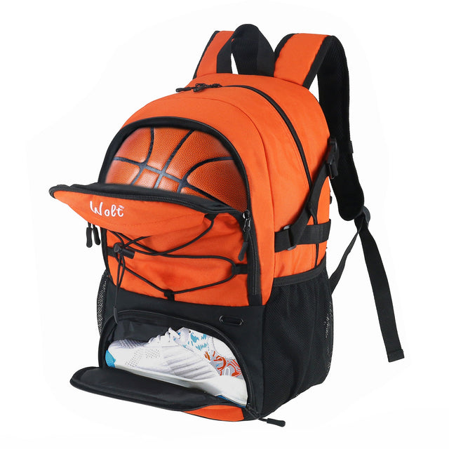 Rucsac de Baschet Multifunctional, Vivimall, pentru Calatorie, Sport, Scoala, cu Compartiment pentru Pantofi si Minge, 32 Litri, 45x32x22 cm, Portocaliu-Negru - vivimall.ro