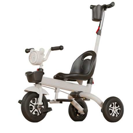 Tricicleta multifunctionala pentru Copii, Flippy, Pliabila de Tip Impingere, Scaun cu Functie Sezut si Culcat, Ghidon cu Cos Lumini si Muzica, Suport Pahar, 80 x 60 x 53 cm, Alb Negru - vivimall.ro