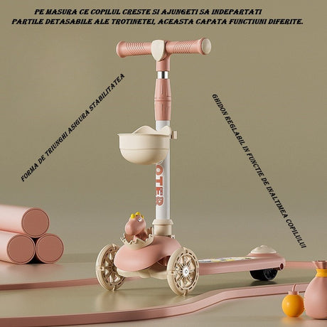 Trotineta Multifunctionala 3 in 1, Vivimall, pentru Copii, 1-7 Ani, cu Lumini si Muzica, Reglabil 360, Pliere Usoara, Reglarea Inaltimii, Model Dinozaur, Alb/Roz - vivimall.ro
