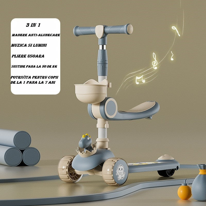 Trotineta Multifunctionala 3 In 1, Pentru Copii, 1-7 Ani, Cu Lumini Si Muzica, Reglabil 360, Pliere Usoara, Reglarea Inaltimii, Bej/ - vivimall.ro