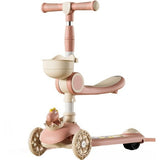 Trotineta Multifunctionala 3 in 1, Vivimall, pentru Copii, 1-7 Ani, cu Lumini si Muzica, Reglabil 360, Pliere Usoara, Reglarea Inaltimii, Model Dinozaur, Alb/Roz - vivimall.ro