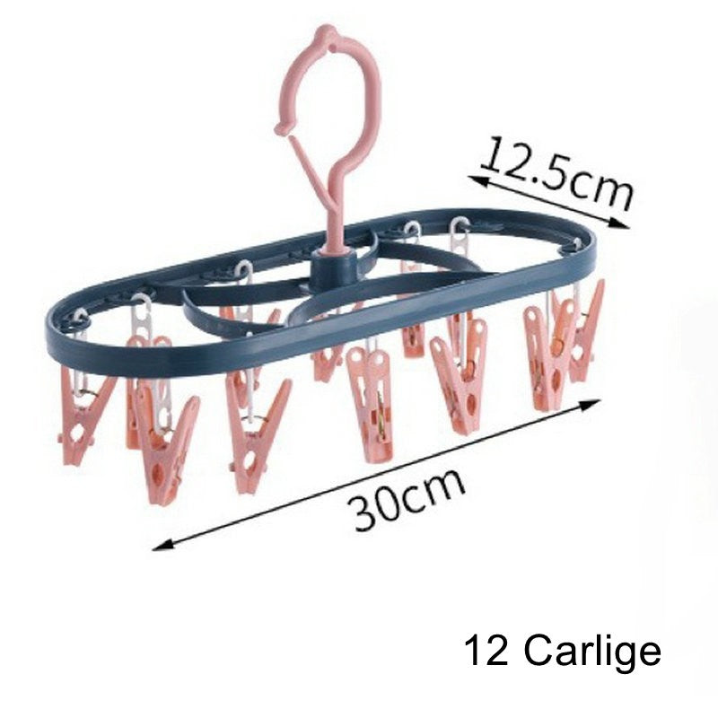 Uscator De Rufe Suspendat Cu 12 Carlige, Rotire 360 Grade, Protectie Vant, Mateiral Plastic, Usor De Depozitat, Multifunctional, 30 X 12.5 Cm, Albastru/Roz - vivimall.ro