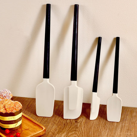 Ustensile De Bucatarie, Set Din 4 Bucati, Din Silicon Si Lemn, Spatule De Diferite Dimensiuni, Termo Rezistente, Antiaderente, Instrument De Amestecat In Bucatarie, Alb-Negru - vivimall.ro