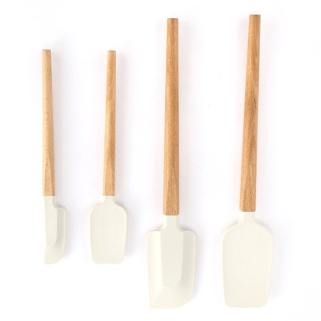 Ustensile de Bucatarie, Vivimall, Set din 4 bucati, din Silicon si Lemn, Spatule de Diferite Dimensiuni, Termo rezistente, Antiaderente, Instrument de Amestecat in Bucatarie, Alb-Maro - vivimall.ro