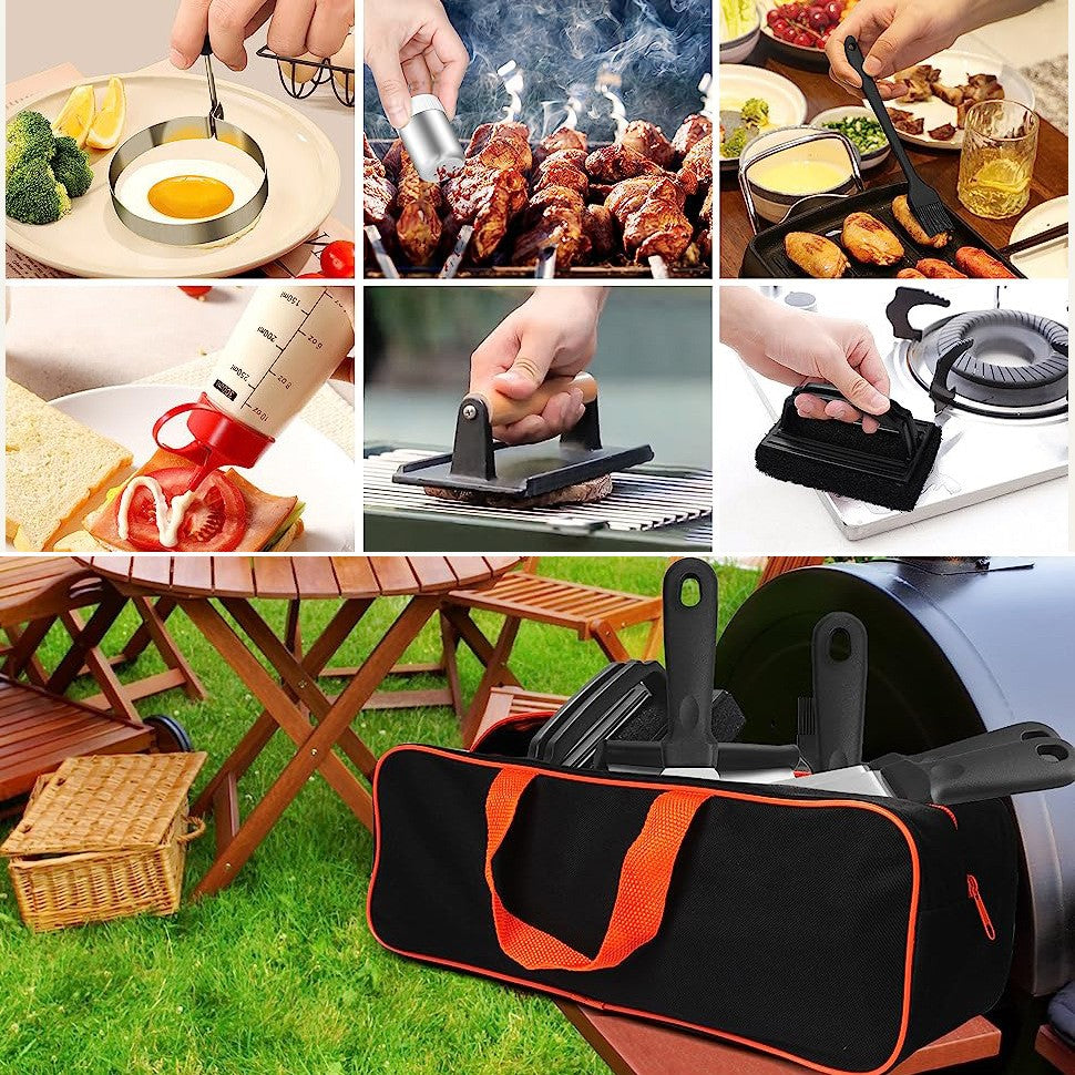 Ustensile Pentru Gratar, Set Din 17 Ustensile Pentru Gratar Cu Preparare De Tip Plita, Ustensile Din Otel Inoxidabil Cu Manere Din Plastic Pp, Cu Geanta, Negru - vivimall.ro