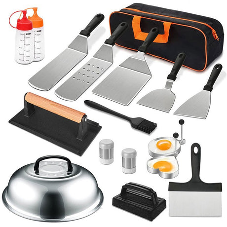 Ustensile Pentru Gratar, Set Din 17 Ustensile Pentru Gratar Cu Preparare De Tip Plita, Ustensile Din Otel Inoxidabil Cu Manere Din Plastic Pp, Cu Geanta, Negru - vivimall.ro