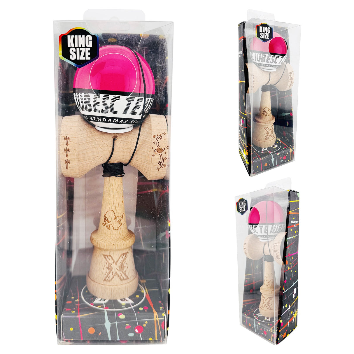 Kendama X TE IUBESC Originala, Profesionala, Vivimall, Super Sticky cu Cupe Mari KING SIZE V3, Gaura in Baza, Rulment Metalic, din lemn 18 cm, Ata 62/65 cm, Roz/Alb - vivimall.ro