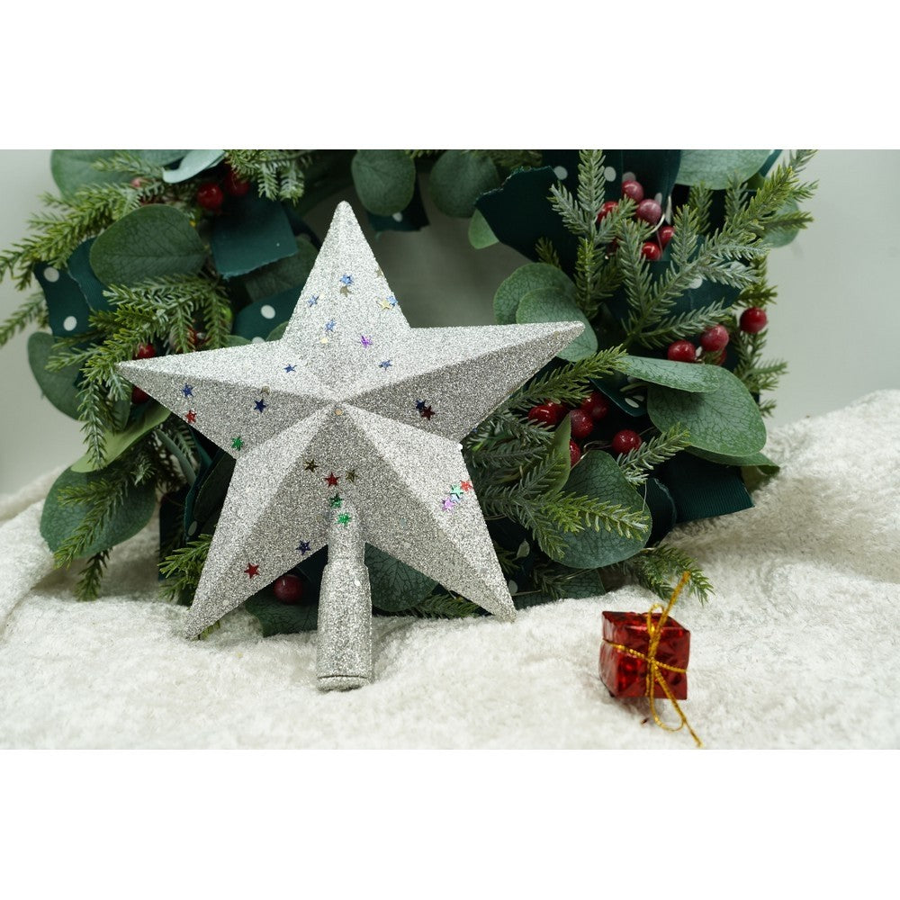 Varf decorativ de brad, Argintiu, in forma de Stea, design cu paiete, din Plastic, 18 cm x 20 cm, Interior/Exterior, Vivimall - vivimall.ro