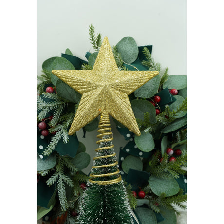Varf decorativ de brad, Auriu, in forma de Stea, cu design in relief, din Plastic/Metal, 15.5 cm x 20.5 cm, Interior/Exterior, Vivimall - vivimall.ro