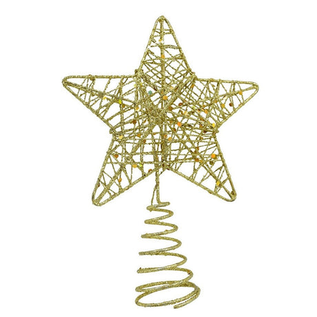 Varf decorativ de brad, Auriu, in forma de Stea, design cu paiete, din Plastic/Metal, 13 cm x 18 cm, diametru 4 cm, Interior/Exterior, Vivimall - vivimall.ro